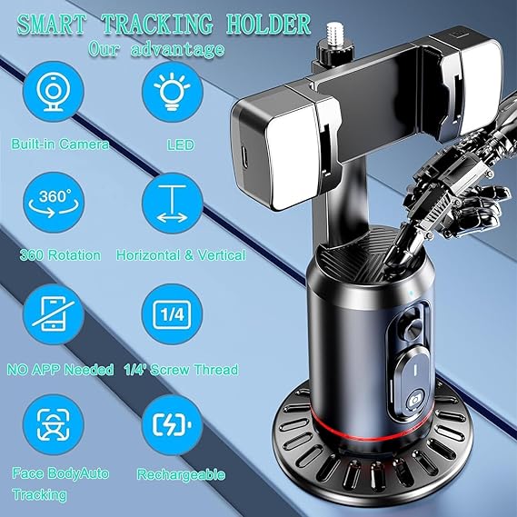 ADZOY Auto Face Tracking Desk Gimbal ADL-Q02D, 360° Rotation Face Body Phone Camera Mount with Rechargeable Fill Light (White & RGB) & Remote for Shooting Vlog, No App, Gesture Control, Live Streaming