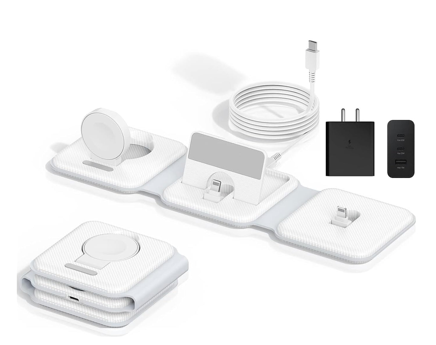 ADZOY Foldable 3 in 1 Charging Station for Multiple Apple Devices, iWatch Charger Dock Stand with 65W Power Adapter 3 Port for iPhone 14 Pro Max/13/12/11/X/8 Plus, AirPods
