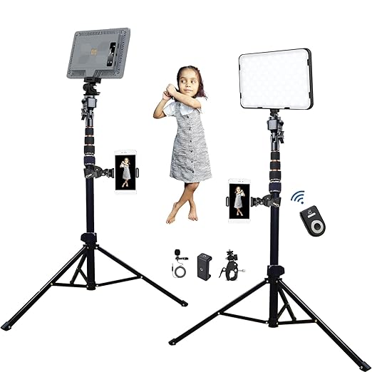 ADZOY Rechargeable 10 Inch LED Light (Stepless Dimmable) with 7 Foot Metal Tripod Cum Selfie Stick (2 in 1), Clamp with Bracket and Lapel Collar Mic for DSLR Camera Lighting, Video Recording