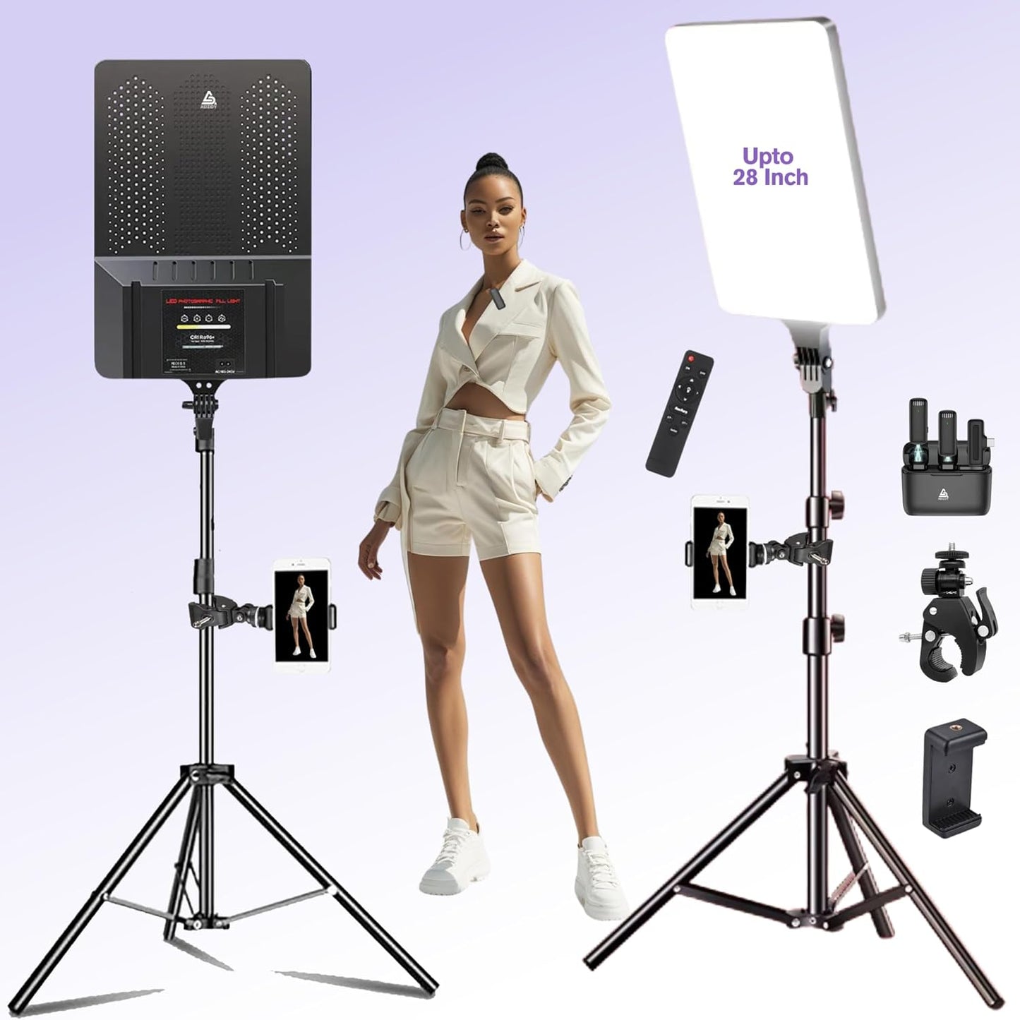 ADZOY Professional Super Bright LED Light Upto 28 inch | Touch Buttons | Remote | Portable | Dimmable | 7 Feet Stable Tripod & Mobile Clamp Bracket with J13 Wireless Microphone