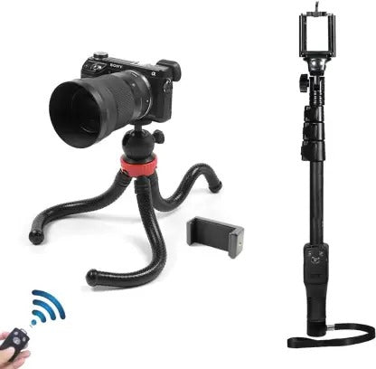 ROYAL SCOT GREY 12 Inch Flexible Tripod Stand, Octopus Camera Tripod with 360 Degree Detachable Ball Head and Mobile Phone Holder with 1288 Bluetooth Selfie Stick 4 feet Tripod (Black, Supports Up to 3000 g)