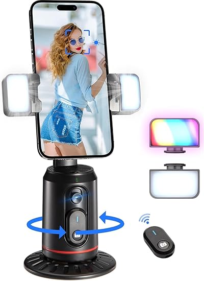 ADZOY Auto Face Tracking Desk Gimbal ADL-Q02D, 360° Rotation Face Body Phone Camera Mount with Rechargeable Fill Light (White & RGB) & Remote for Shooting Vlog, No App, Gesture Control, Live Streaming