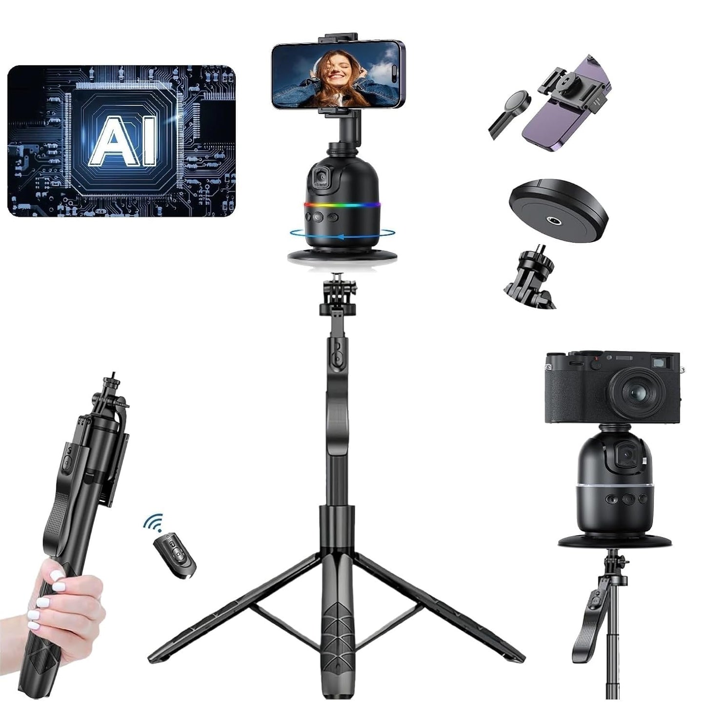 ADZOY L16 61" Tall Selfie Stick Aluminum Tripod Stand with Remote & P03 Auto Face Tracking Mobile Phone Holder, Compatible with iPhone/Android/GoPro (L16+P03 Auto Face Tracking Mobile Phone Holder)