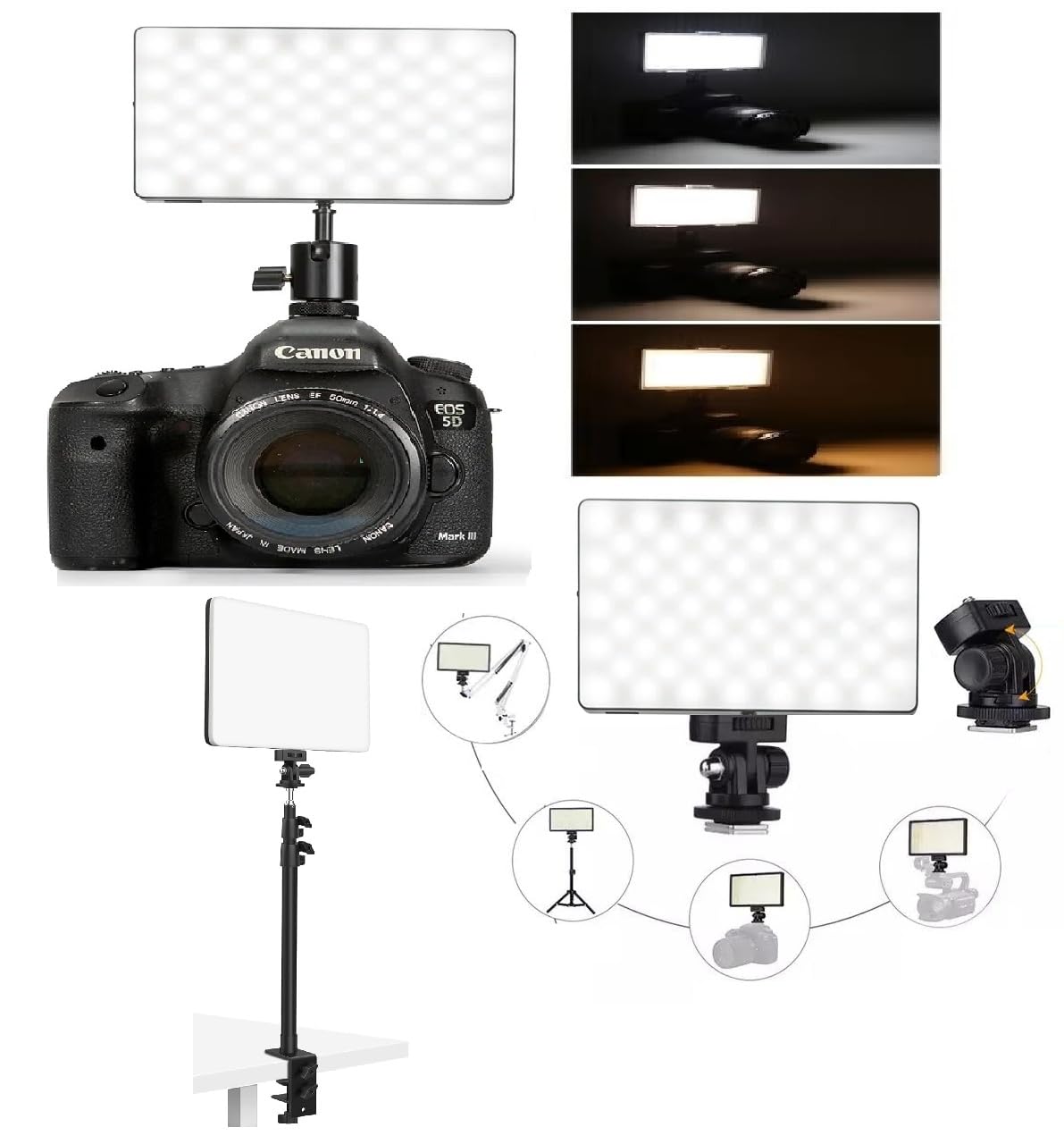 ADZOY Rechargeble 9inch LED Video Light Panel 2700K-6500K Photo Studio Lamp and C Desk Mount Stand, Phone Cross Arm (Rechargebe Panel Lamp+C Desk Mount Stand+Cross Arm)