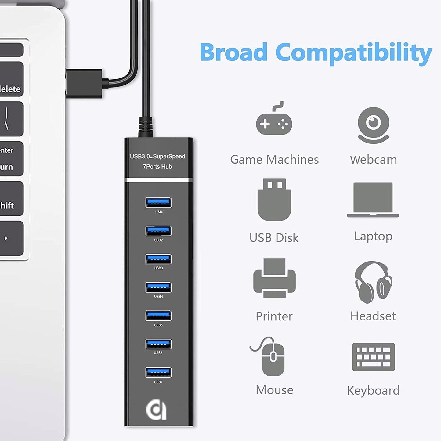 ADZOY Classic 7 Port USB Hub 3.0 USB with Type C to Type A Connector OTG for PS4, PS5,Xbox one, MacBook, Mac Pro/Mini, iMac, XPS, Surface Pro, iPhone, iPad, Galaxy Series, Mobile HDD