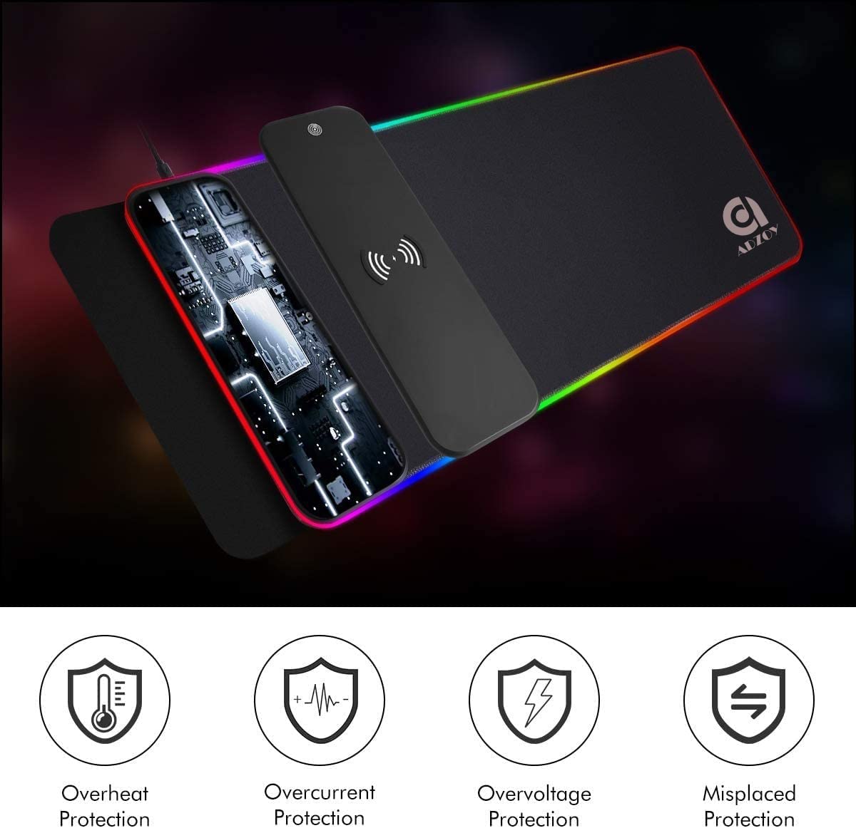 ADZOY Premium RGB Gaming Mouse Pad Desk Pad with Upto 10W Wireless Charging, (800x300x4) MM XXL Extended Non-Slip Rubber Base for Office, Home, Gaming