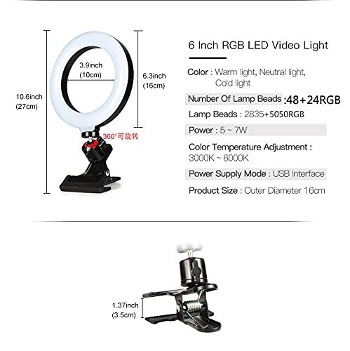 ADZOY Premium RGB Video Conference Lighting,6.3" Selfie Ring Light with Clamp Mount for Webcam Light with 3 Light Modes&6 Level Dimmable for Laptop/PC Monitor/Desk/Bed/Office/Makeup/YouTube/TIK Tok