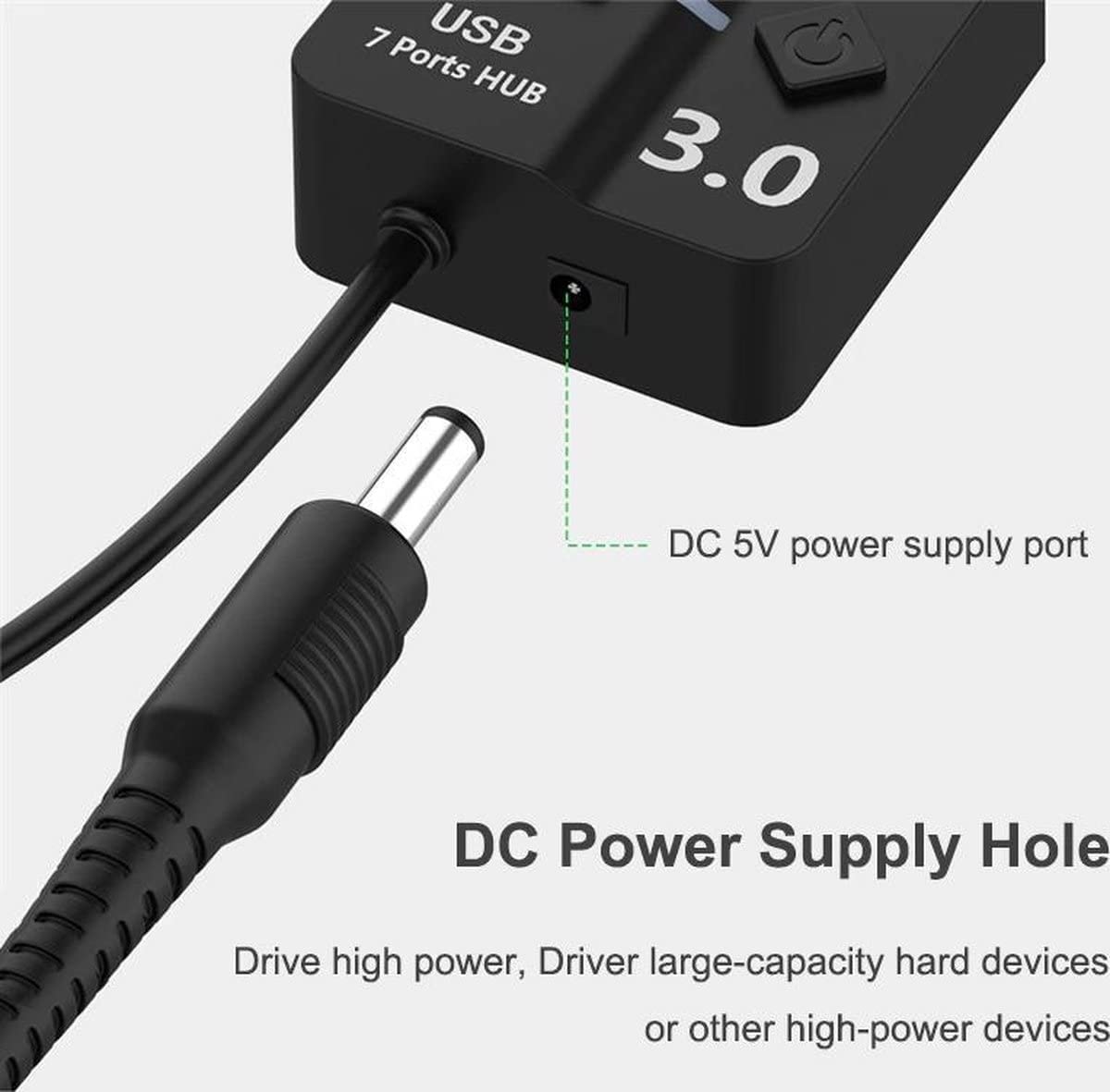 ADZOY Powered USB Hub 3.0, 7-Port USB Data Hub Splitter with One Smart Charging Port and Individual On/Off Switches and 5V/1A Power Adapter USB Extensionfor Laptop, PC, Computer, Mobile HDD