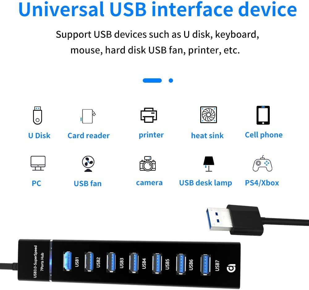 ADZOY Classic 7 Port USB Hub 3.0 USB with Type C to Type A Connector OTG for PS4, PS5,Xbox one, MacBook, Mac Pro/Mini, iMac, XPS, Surface Pro, iPhone, iPad, Galaxy Series, Mobile HDD
