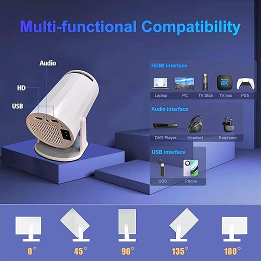 ADZOY Premium Mini Projector with Android System, Portable Projector with WiFi 6 and Bluetooth, Auto Vertical Correction, Full HD 1080P, 180°Rotatable Outdoor Movie Projector for Phone