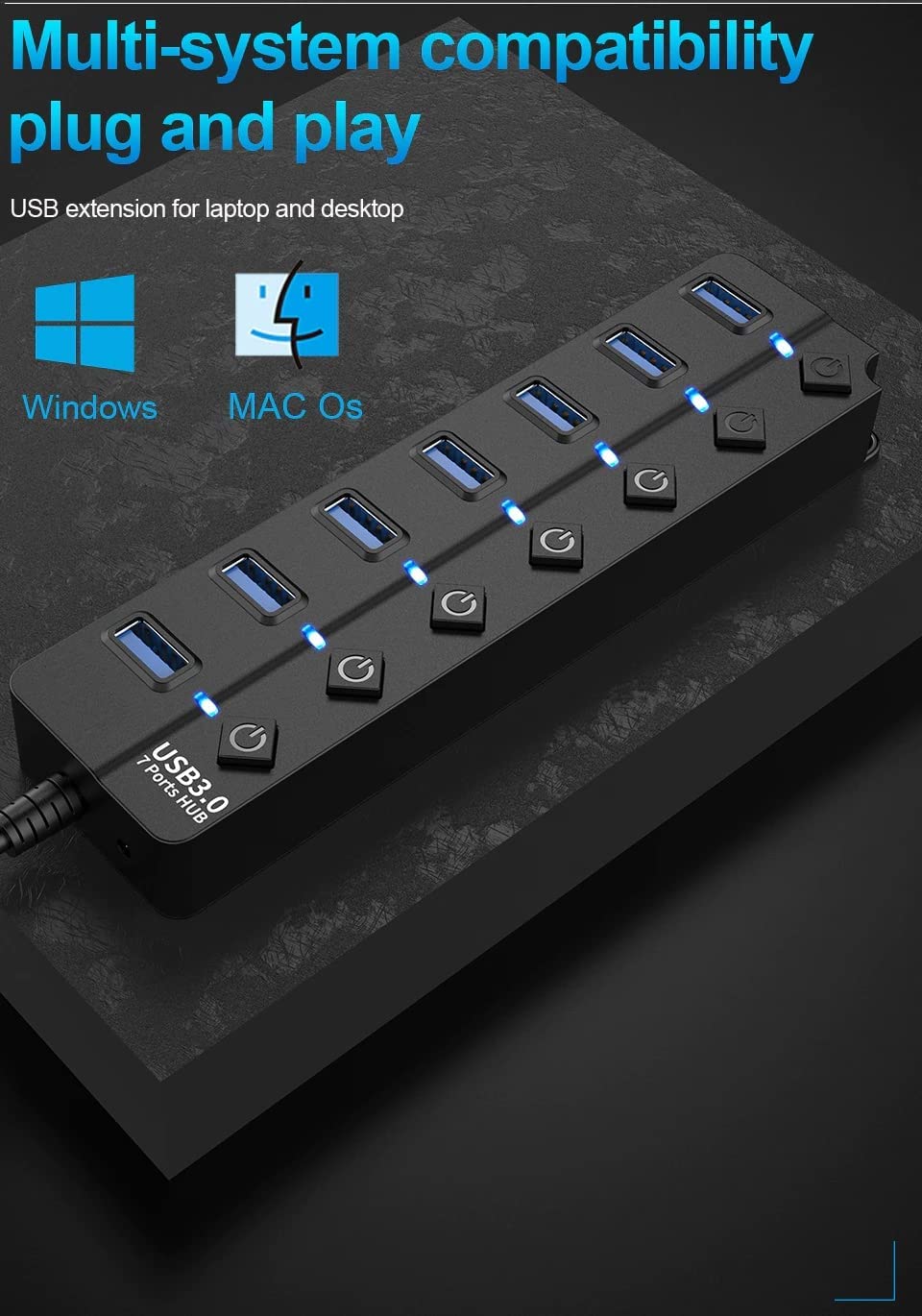 ADZOY Powered USB Hub 3.0, 7-Port USB Data Hub Splitter with One Smart Charging Port and Individual On/Off Switches and 5V/1A Power Adapter USB Extensionfor Laptop, PC, Computer, Mobile HDD