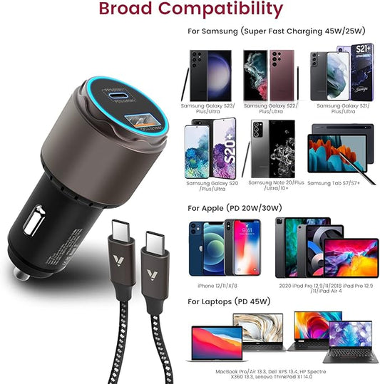 ADZOY USB C Fast Car Charger, Power Charging Adapter 45W PD 3.0 Rapid Cigarette Lighter for iPhone 16/15 Pro/Pro Max/Plus, iPad Pro 2022/Air 6/Mini 7, Galaxy S25 Ultra, Pixel 9+3ft Type C Cable Cord