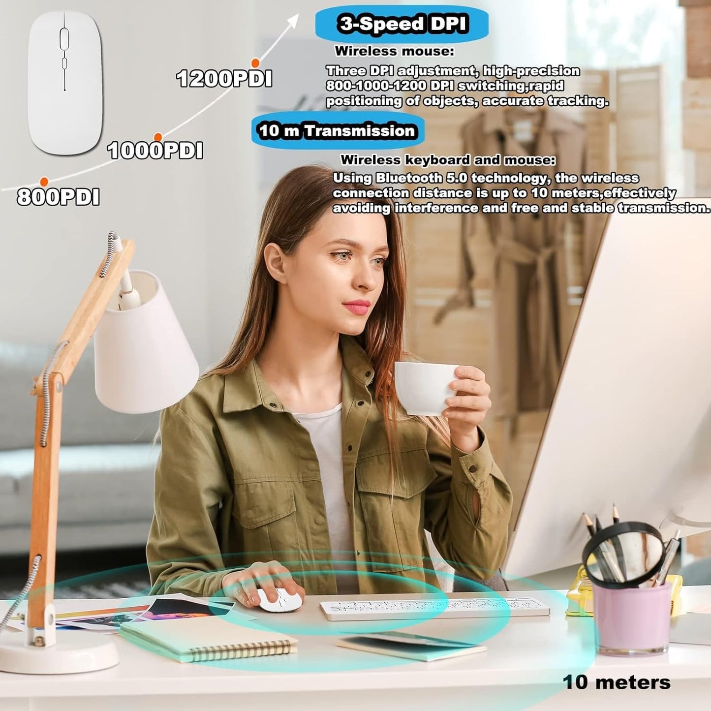 ADZOY 10 Inch Wireless BT Keyboard Mouse Combo, Three Speed Adjustable DPI Ultra Thin and Ultra Quiet Mouse, USB Charging Keyboard with Scissor Foot Structure for PC Laptop Computer (White)