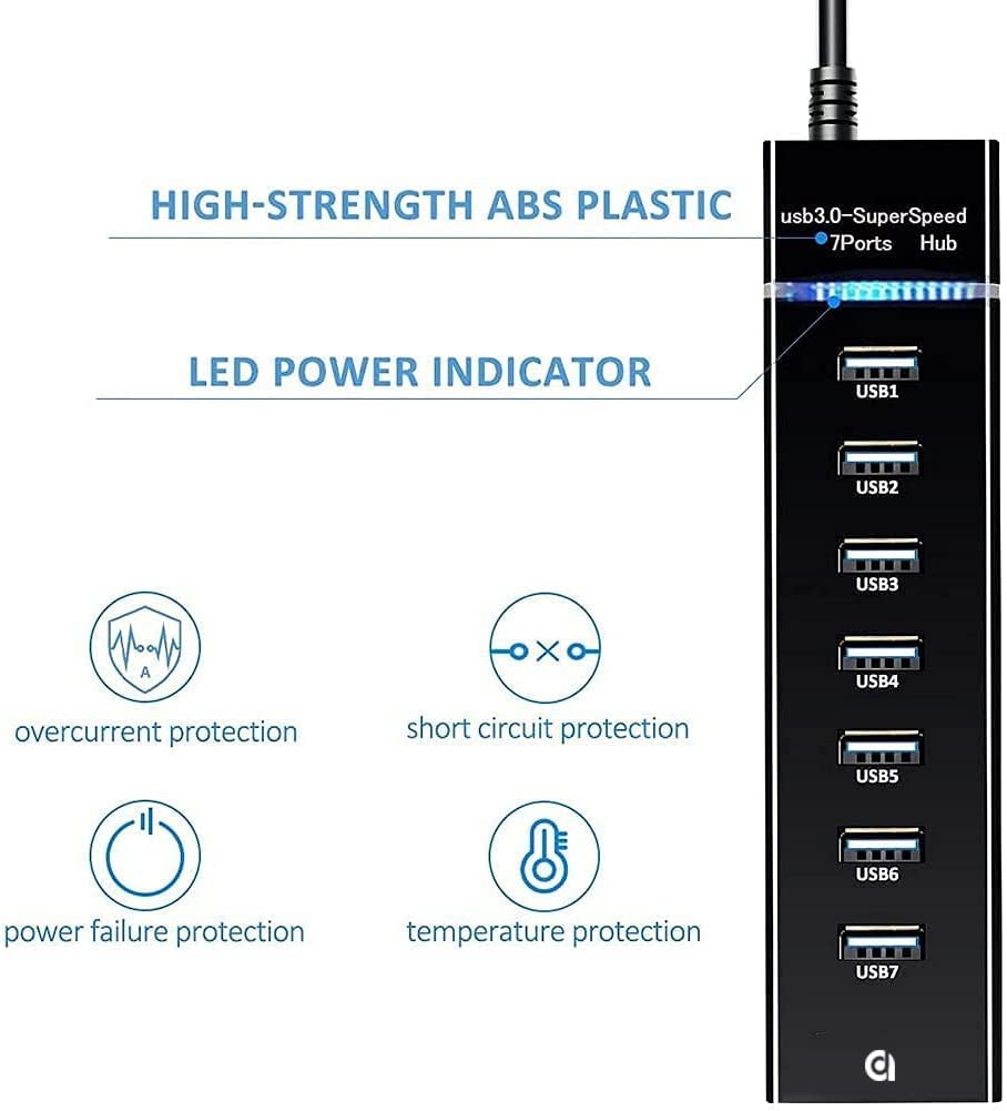 ADZOY Classic 7 Port USB Hub 3.0 USB with Type C to Type A Connector OTG for PS4, PS5,Xbox one, MacBook, Mac Pro/Mini, iMac, XPS, Surface Pro, iPhone, iPad, Galaxy Series, Mobile HDD