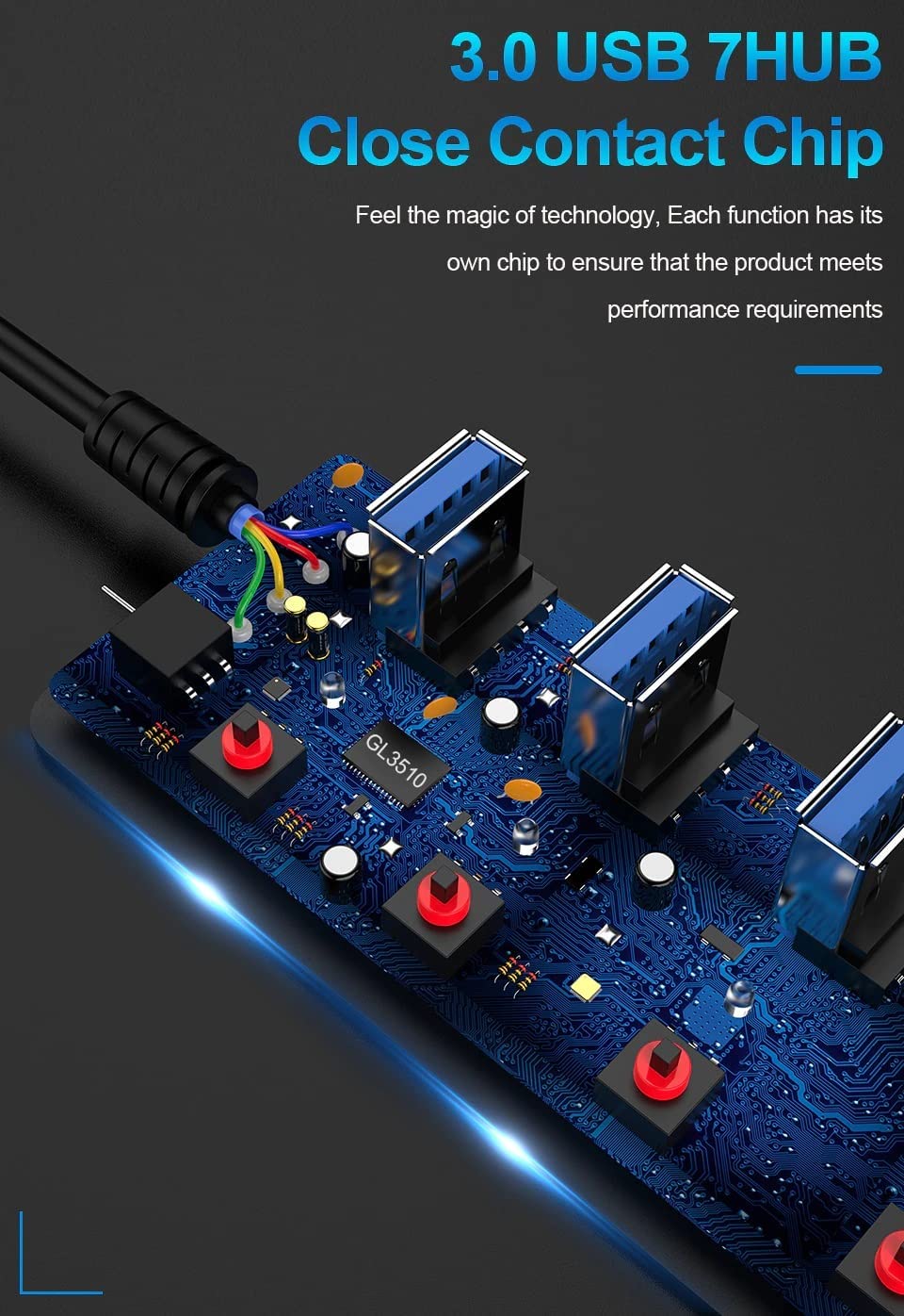 ADZOY Powered USB Hub 3.0, 7-Port USB Data Hub Splitter with One Smart Charging Port and Individual On/Off Switches and 5V/1A Power Adapter USB Extensionfor Laptop, PC, Computer, Mobile HDD