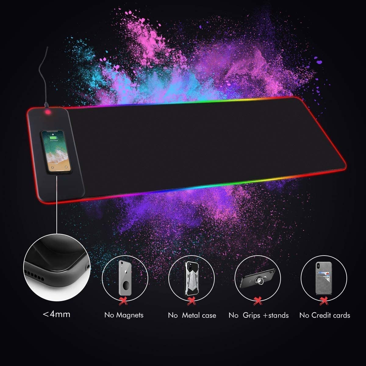 ADZOY Premium RGB Gaming Mouse Pad Desk Pad with Upto 10W Wireless Charging, (800x300x4) MM XXL Extended Non-Slip Rubber Base for Office, Home, Gaming