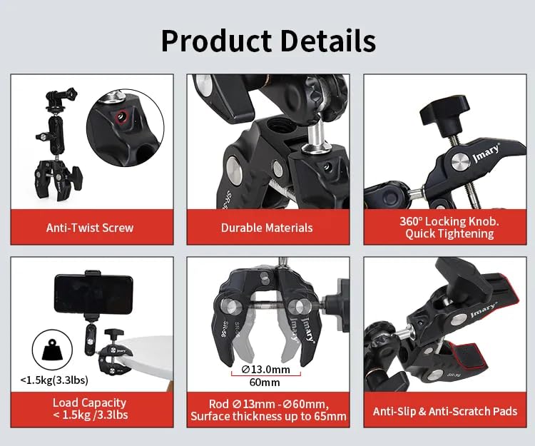 ADZOY Camera Monitor Super Clamp Mount 360 Ballhead Magic Arm with 1/4" 3/8" Port Bike Motorcycle Handlebar Attach Accessories for Canon Nikon DSLR GoPro Isnta360 Video Light Ronin-MX Freefly MOVI