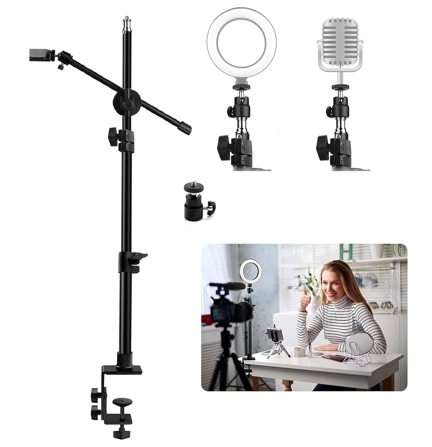 ADZOY Rechargeble 9inch LED Video Light Panel 2700K-6500K Photo Studio Lamp and C Desk Mount Stand, Phone Cross Arm (Rechargebe Panel Lamp+C Desk Mount Stand+Cross Arm)