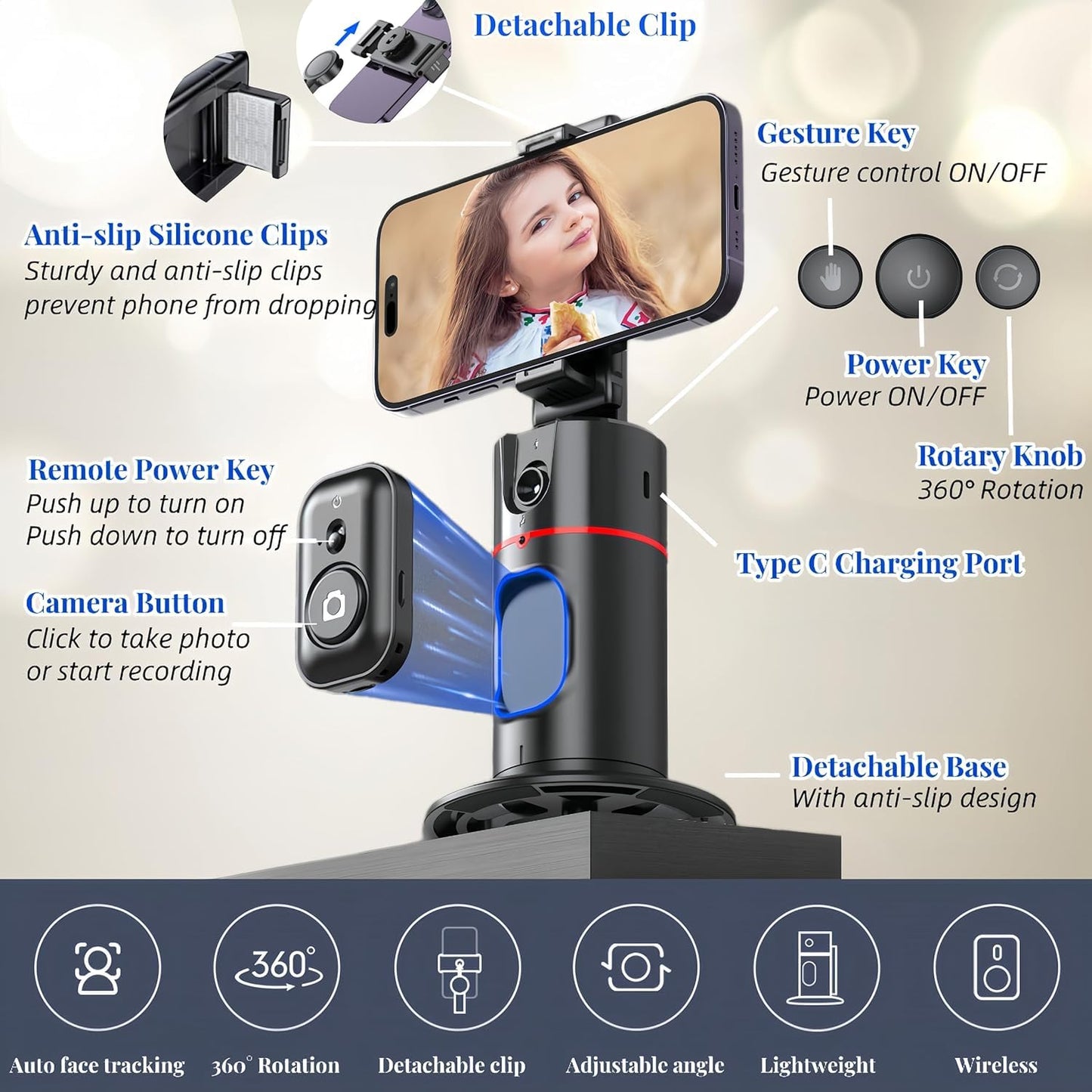 ADZOY Professional P02 Auto Face Tracking Tripod Desktop Gimbal, 360° Rotation Phone Holder Body Track Camera Mount with Remote, No App, Gesture Control, Moving Tripod for Vlog Live Streaming