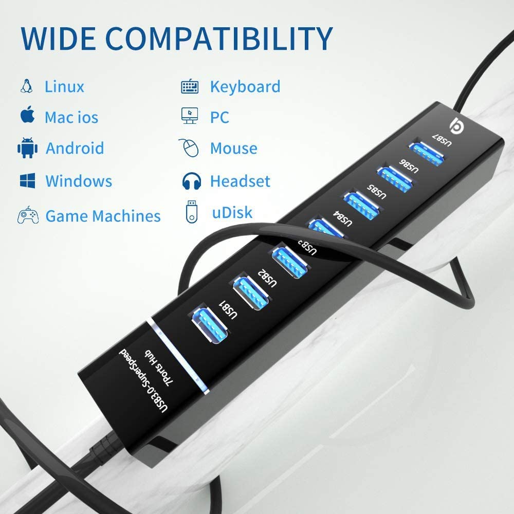 ADZOY Classic 7 Port USB Hub 3.0 USB with Type C to Type A Connector OTG for PS4, PS5,Xbox one, MacBook, Mac Pro/Mini, iMac, XPS, Surface Pro, iPhone, iPad, Galaxy Series, Mobile HDD