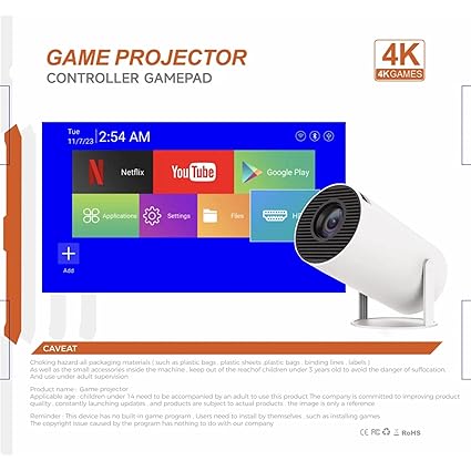 ADZOY Premium Gaming Mini Smart Projector with 2 Controllers (Joycons), 2X Bright Lumen 2100 WiFi 6 & BT, Full HD 4K-1080P, 180° Rotation with Latest OTT Apps 3D Videos