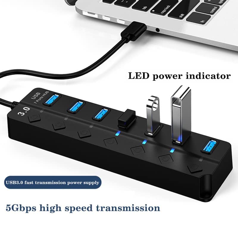 ADZOY Powered USB Hub 3.0, 7-Port USB Data Hub Splitter with One Smart Charging Port and Individual On/Off Switches and 5V/1A Power Adapter USB Extensionfor Laptop, PC, Computer, Mobile HDD