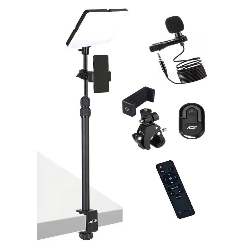 ADZOY 2024 Photography LED Lighting Panel Light Remote Control with MT49 Light Stand Tabletop C Clamp Desk Mount Table Stand, Super Clamp & Collar Mic and BT-03 Bluetooth Control Button