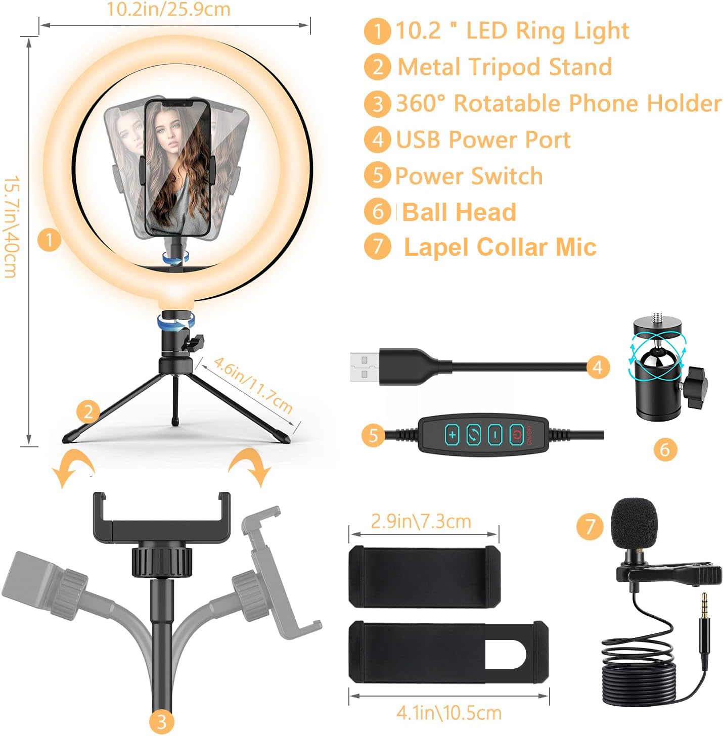 ADZOY (ADL-026M) 7 Inch Mini Metal Desk Tripod with10 inch LED Ring Light and Metal Collar Lapel Microphone 3.5mm for Cell Phone,Baking, Craft, Calligraphy, Drawing, Online Lesson, Video Recording