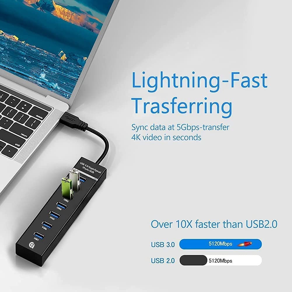 ADZOY Classic 7 Port USB Hub 3.0 USB with Type C to Type A Connector OTG for PS4, PS5,Xbox one, MacBook, Mac Pro/Mini, iMac, XPS, Surface Pro, iPhone, iPad, Galaxy Series, Mobile HDD
