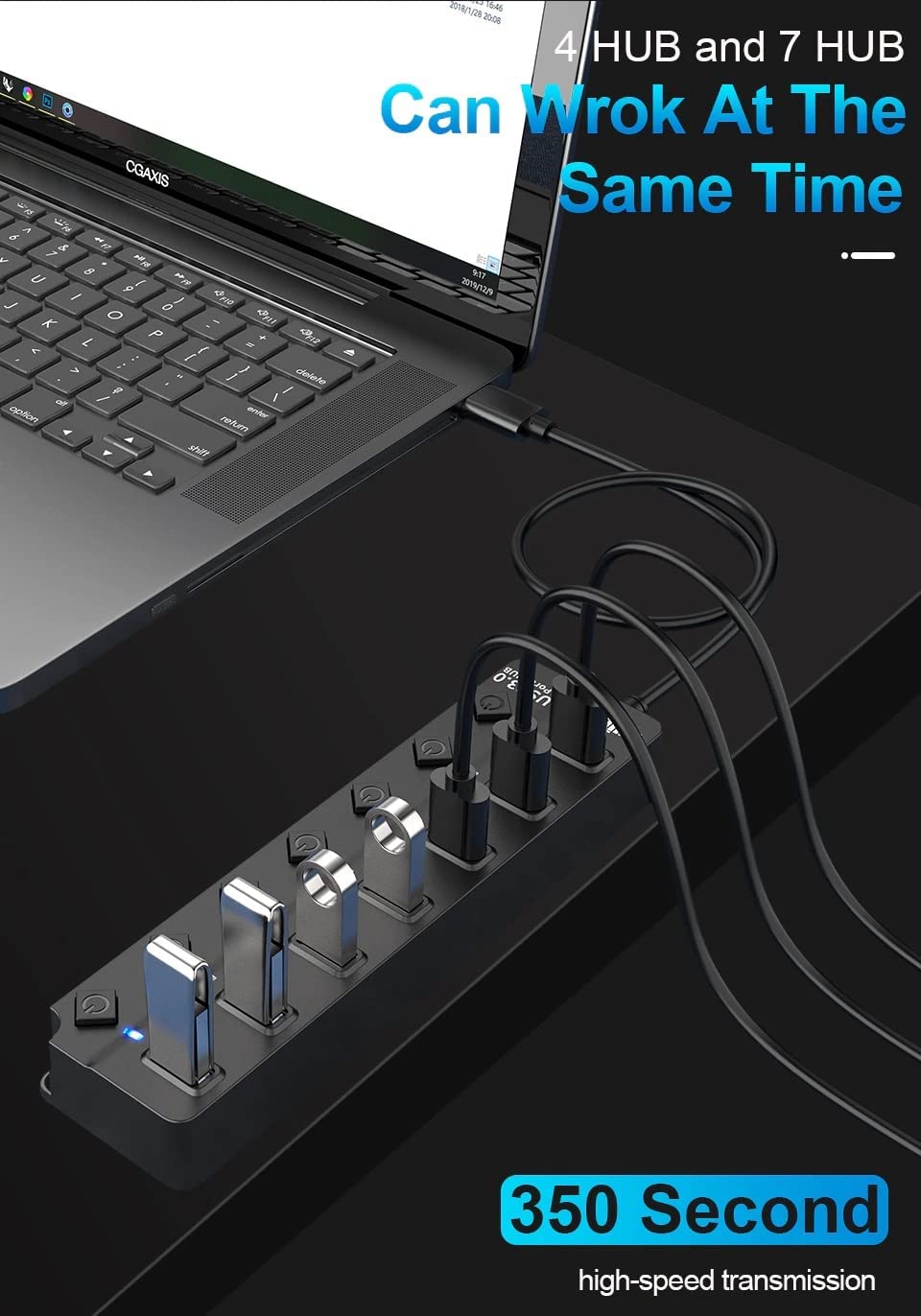 ADZOY Powered USB Hub 3.0, 7-Port USB Data Hub Splitter with One Smart Charging Port and Individual On/Off Switches and 5V/1A Power Adapter USB Extensionfor Laptop, PC, Computer, Mobile HDD