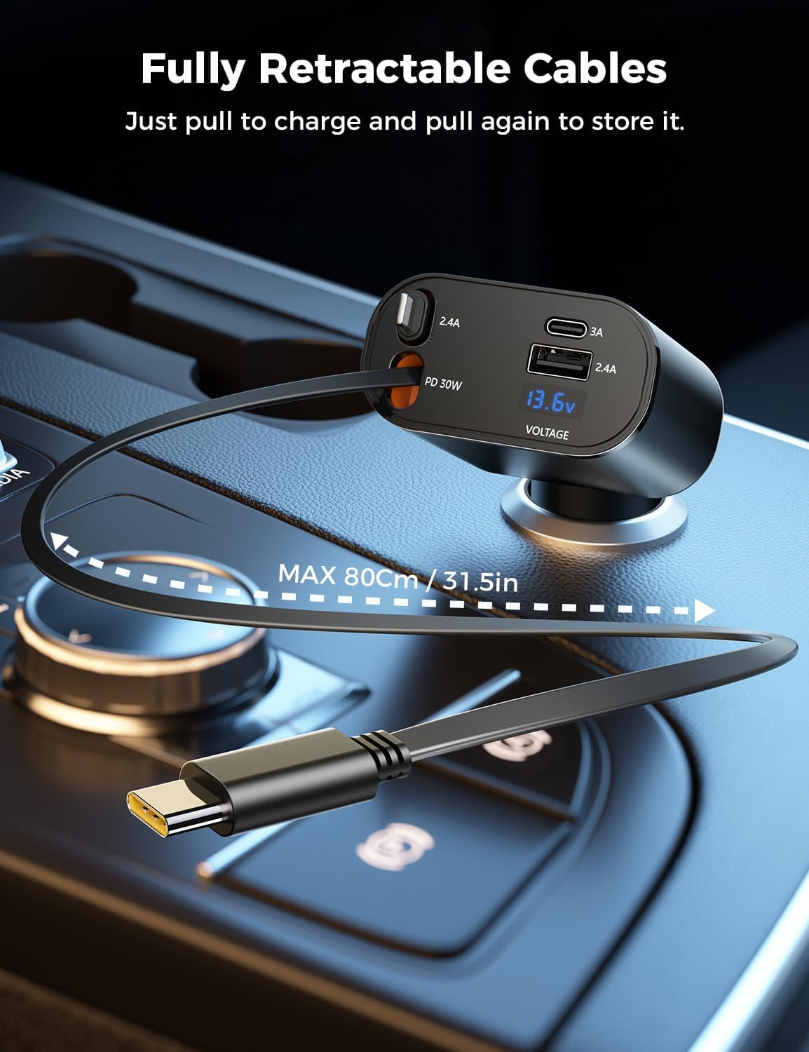 ADZOY Retractable 120 W Car Charger 4 in 1, 30 inches Fast Car Phone Charger with Cord 2.6ft, USB C and iOS Car Charger Adapter, Compatible with 16 15/15 Pro Max/14/13/12/11