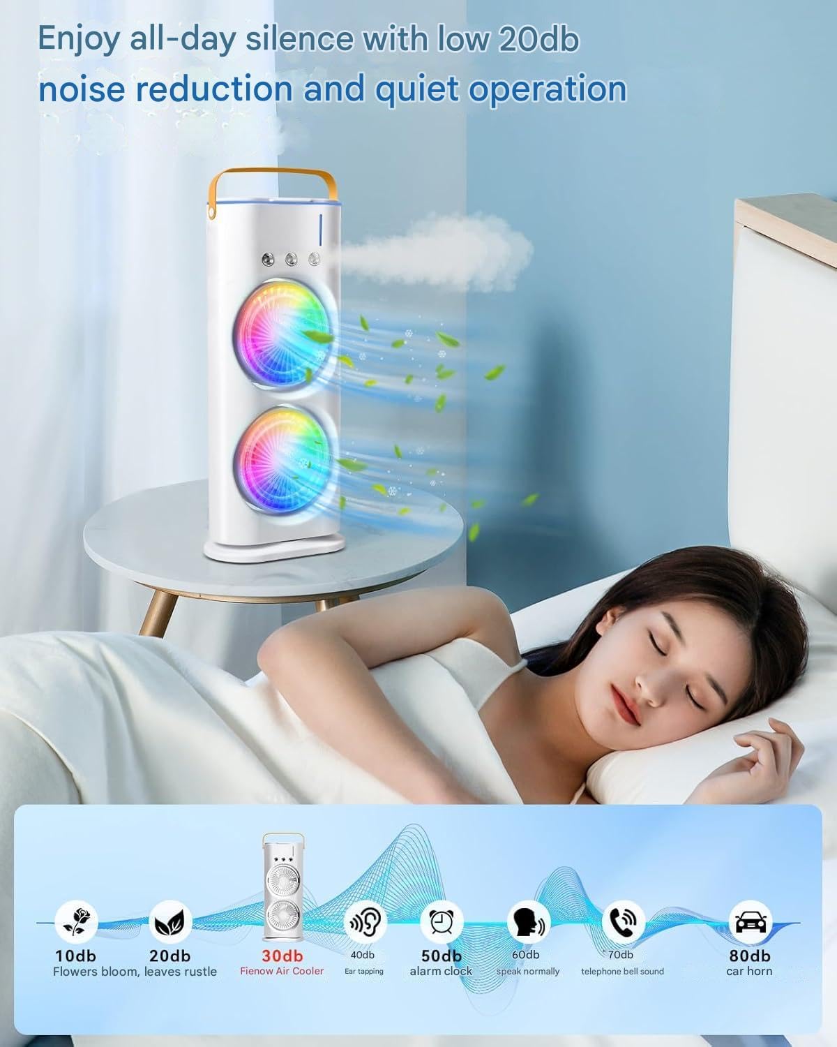 ADZOY 4000mAh Double Ended Spray Fan, Cold Air, 2025 New 3 Gears USB Rechargeable Oscillating fan with LED Light Cooler, Touch & Remote Control, 280ml Water Tank, Ice Filling Fan (White)