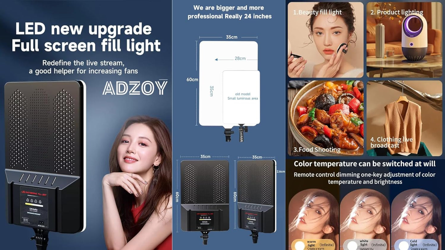 ADZOY Professional Super Bright LED Light Upto 28 inch | Touch Buttons | Remote | Portable | Dimmable | 7 Feet Stable Tripod & Mobile Clamp Bracket with J13 Wireless Microphone