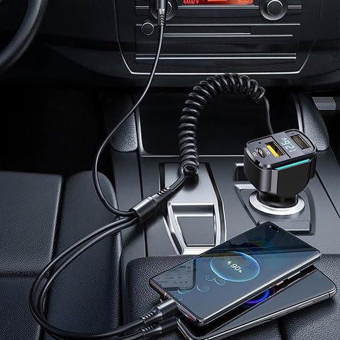 ADZOY USB C Car Charger, 3-Port Fast Car Charger PD3.0 & QC3.0 with LED Digital Display, Cigarette Lighter Fast Charging Adapter Compatible with iPhone Android Most Cell Phones (with Coiled Cable)