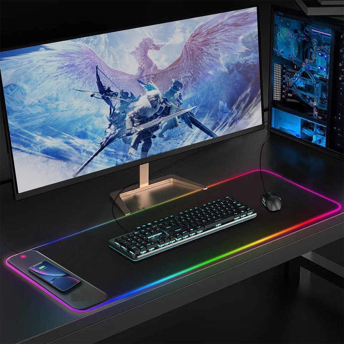 ADZOY Premium RGB Gaming Mouse Pad Desk Pad with Upto 10W Wireless Charging, (800x300x4) MM XXL Extended Non-Slip Rubber Base for Office, Home, Gaming