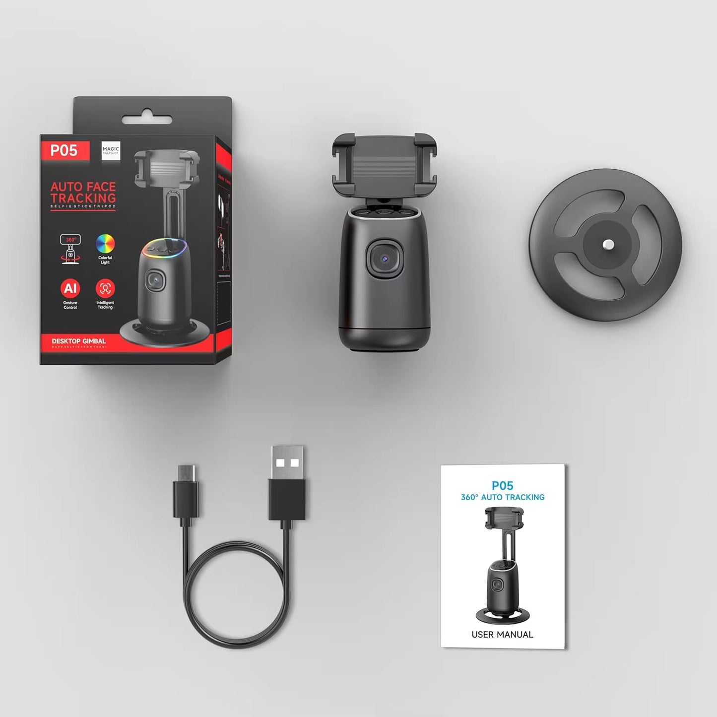 ADZOY Auto Face Tracking AI Desk Selfie Gimbal ADL-P05, Gesture Control 360° Rotation Face Body Phone Camera Mount with Rechargeable Fill Light for Shooting Vlog, No App, Live Streaming