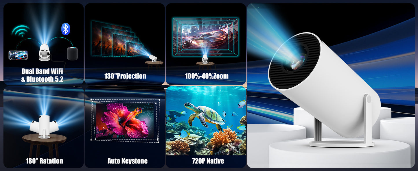 ADZOY Premium Mini Projector with Android System, Portable Projector with WiFi 6 and Bluetooth, Auto Vertical Correction, Full HD 1080P, 180°Rotatable Outdoor Movie Projector for Phone