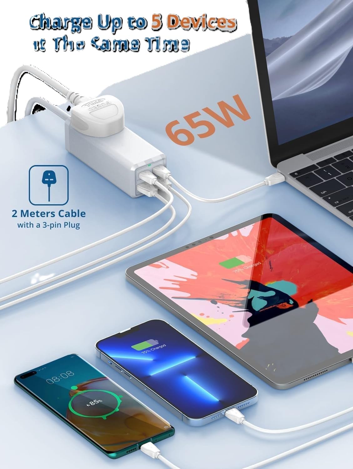 ADZOY 65W PD/Type C Extension Board, Small Power Strip with PD&QC3.0 Port, Universal Single Socket with Surge Protection, Built-in 65W PD Laptop Charging Port for Travel,School,Home,Desk,Dorm,Office
