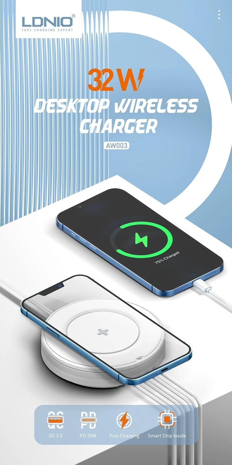ADZOY 32W Desktop Wireless Charging Station - 5 in 1 Multiport Fast Charger with 15W Wireless + 4 USB Ultimate Solution for All Your Charging Needs - Compact and Portable Design
