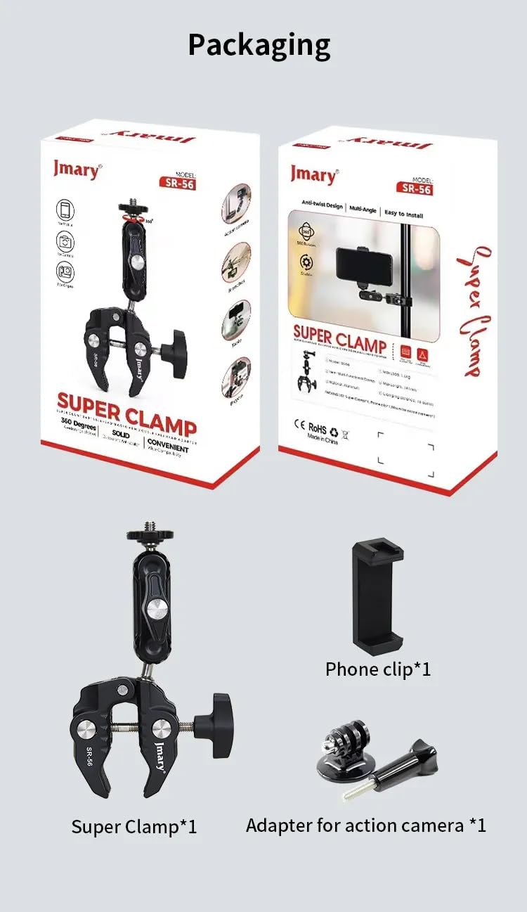 ADZOY Camera Monitor Super Clamp Mount 360 Ballhead Magic Arm with 1/4" 3/8" Port Bike Motorcycle Handlebar Attach Accessories for Canon Nikon DSLR GoPro Isnta360 Video Light Ronin-MX Freefly MOVI