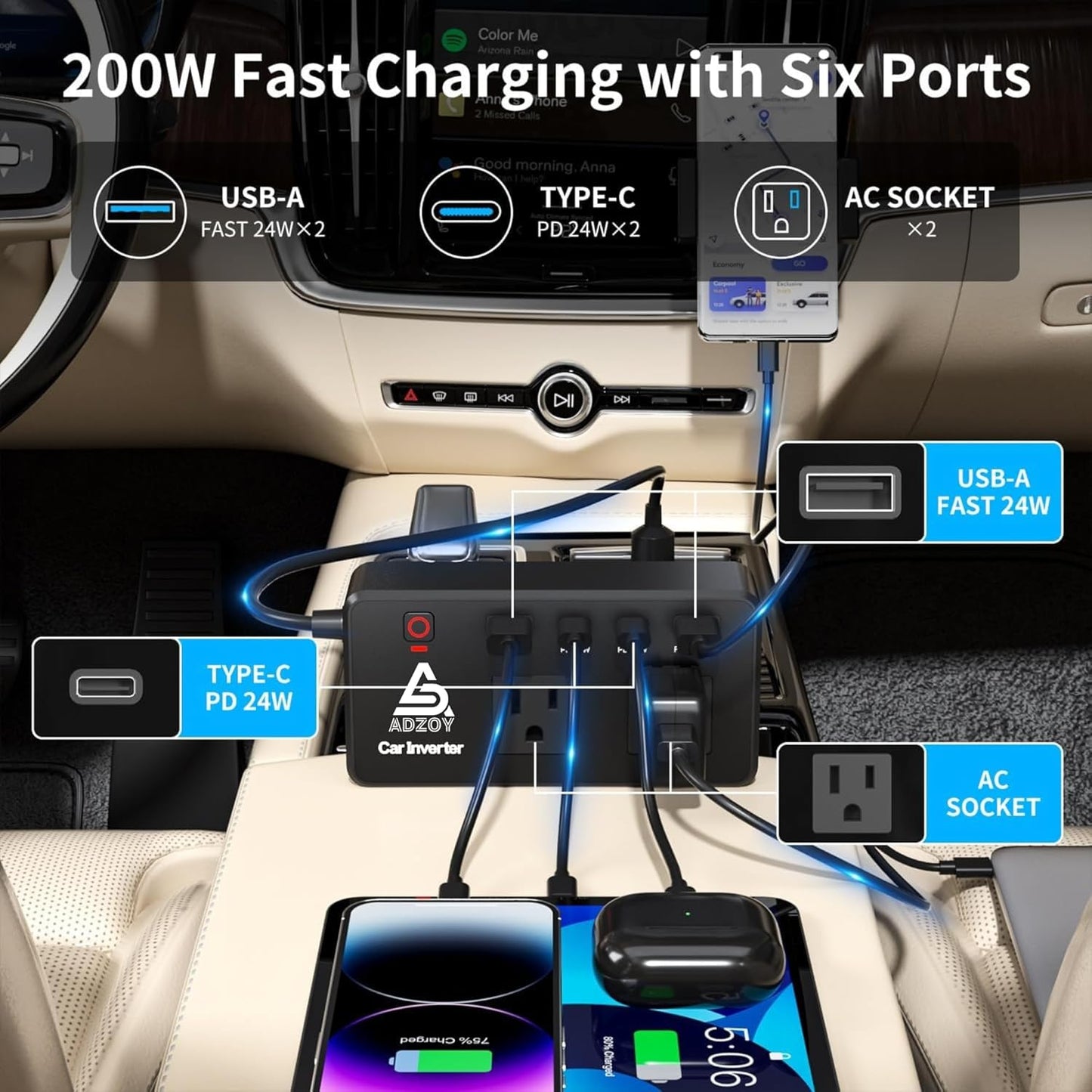 ADZOY 200W Car Power Inverter |DC 12V to 110V| AC Converter| PD 24W USB-C, QC3.0 Fast Charging, Dual USB Ports & AC Outlet β Portable Vehicle Charger |Adapter for Laptop/Phone/Tablet |Camping & Travel