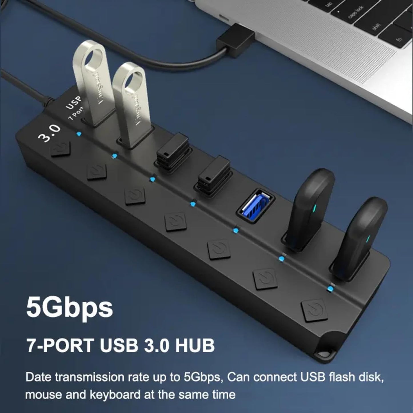 ADZOY 7-Port USB 3.0 Hub Individual On/Off Switches with USB to Type C Connector | High-Speed Data Transfer | Fast Sync & Device Control | Charge & Transfer Simultaneously | Universal Compatibility