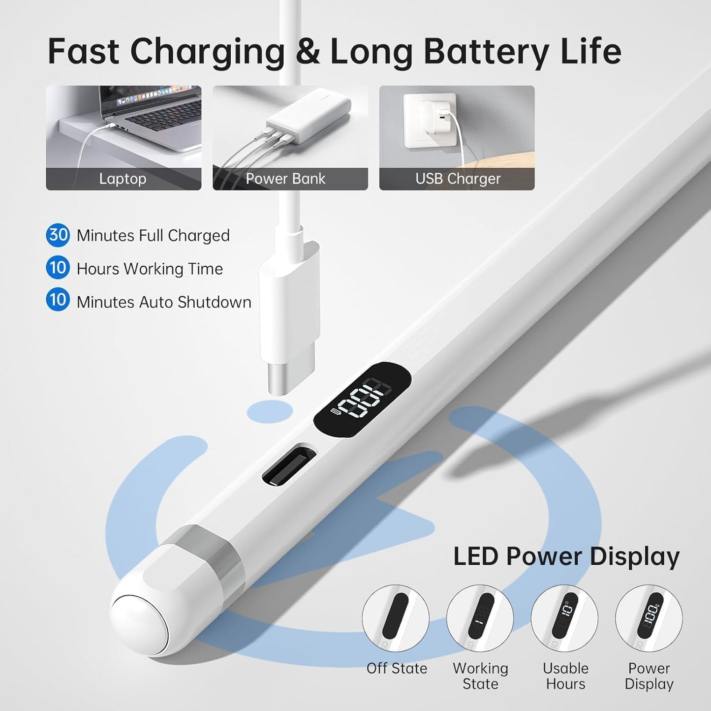 ADZOY P2 Display iPad Pencil, Stylus Pen with Real-Time Led Power, Pencil for iPad 6/7/8/9/10gen, Air 3/4/5/6(M2), Pro 11"/12.9"(M4), Mini 5/6/7, Stylus for 2018 & Later