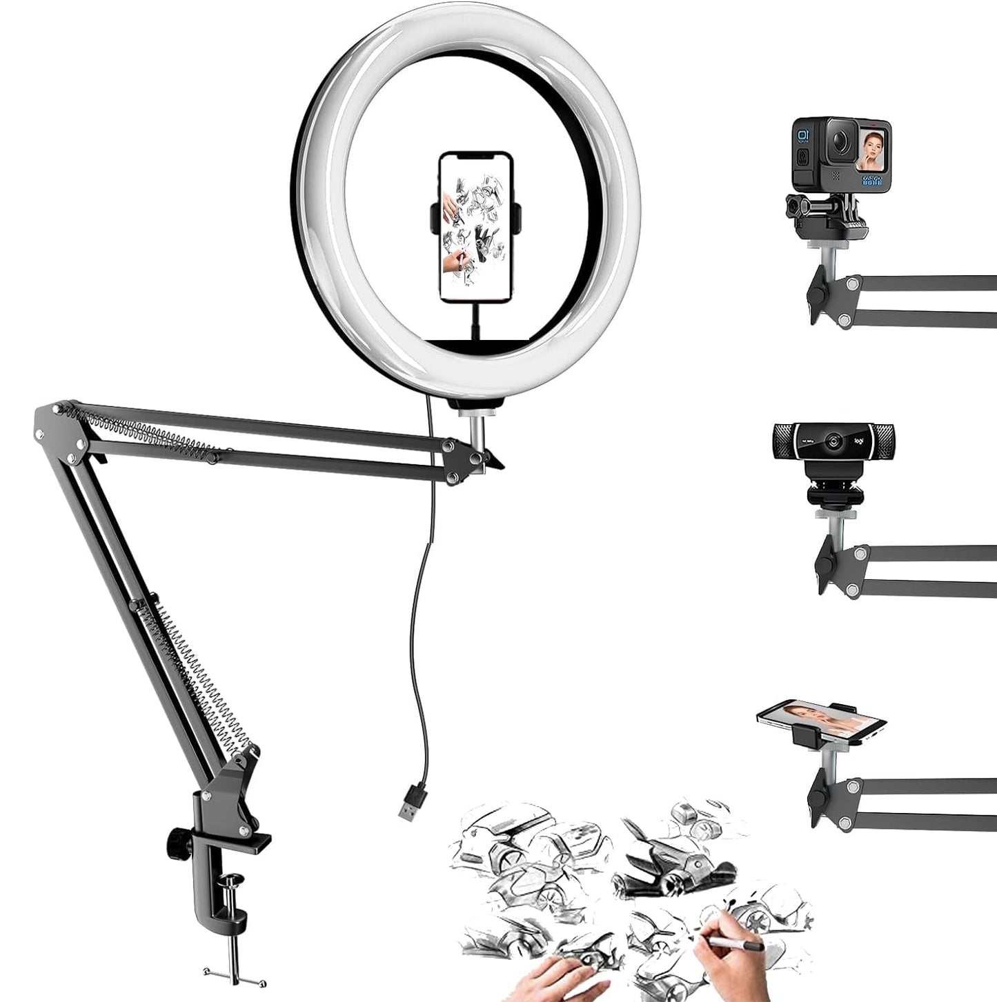 ADZOY Professional Combo of 10 Inch LED Ring Light, Overhead Suspension Arm for Cell Phone, Baking, Craft, Calligraphy, Drawing, Online Lesson, Video Recording(10_Inch)