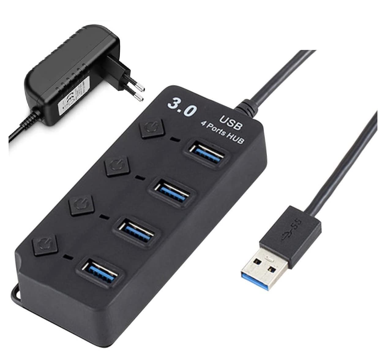 ADZOY Powered USB Hub 3.0, 4-Port USB Data Hub Splitter with One Smart Charging Port and Individual On/Off Switches and 5V/1A Power Adapter USB Extensionfor Laptop, PC, Computer, Mobile HDD