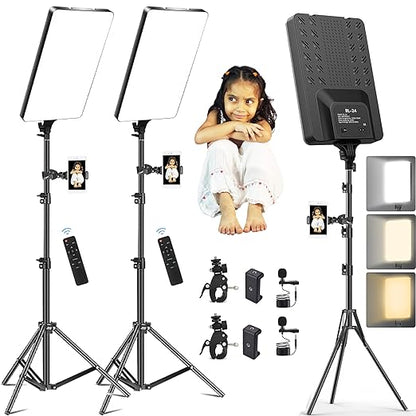 ADZOY [2-Pack] Premium Super Bright 24 Inch LED Panel Light with 7 Feet Adjustable Metal Tripod, Super Clamp and Collar Lapel Microphone for Video Photo Studio Lighting