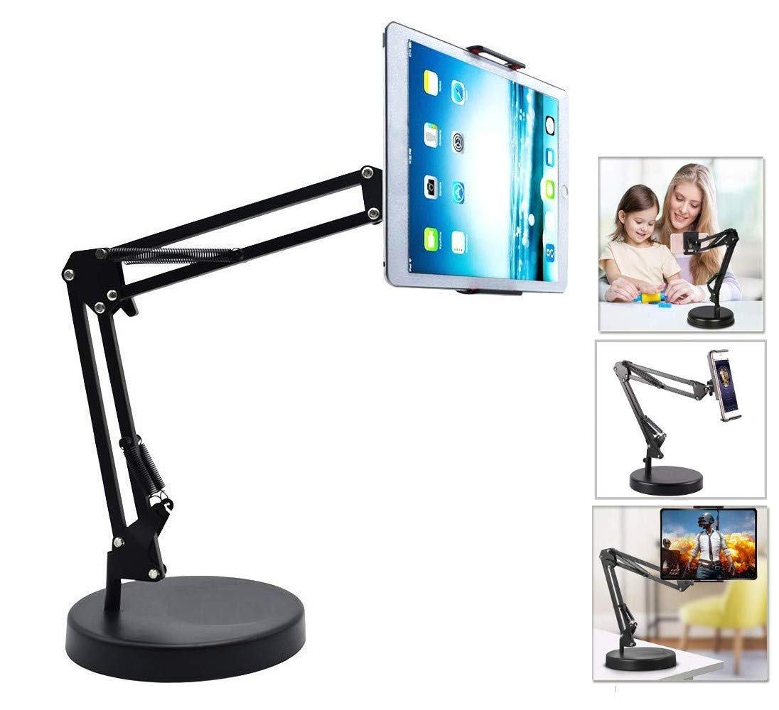 ADZOY Tabletop Metal Stand for lPad/Tablet/Mobile Phones-Adjustable Multi Angle Long Arm-Device 3.5~10.6 inches- Office, Home, Watching Movie, Drawing, Live Streaming (Long arm - Heavy Base)