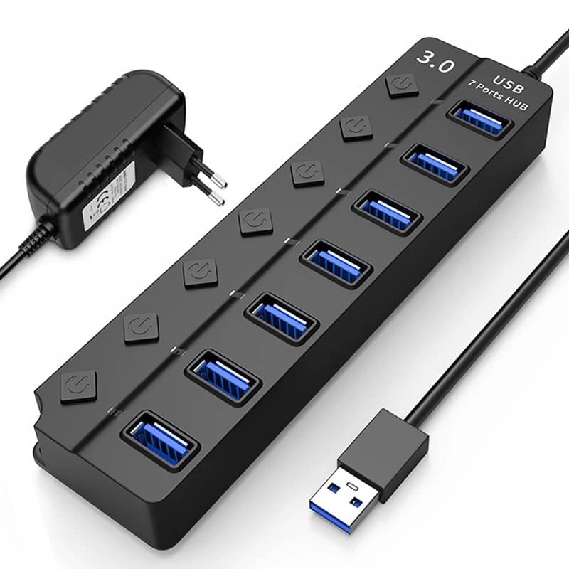 ADZOY Powered USB Hub 3.0, 7-Port USB Data Hub Splitter with One Smart Charging Port and Individual On/Off Switches and 5V/1A Power Adapter USB Extensionfor Laptop, PC, Computer, Mobile HDD