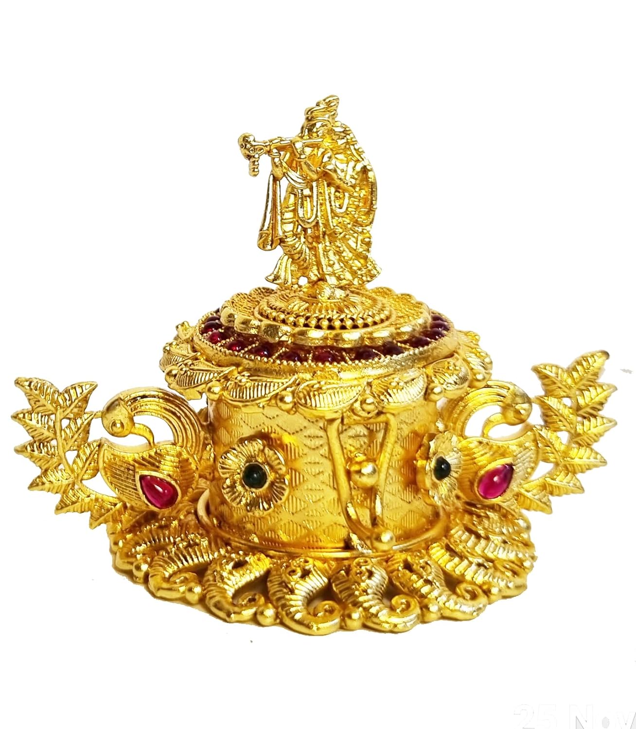 ADZOY Premium Handcrafted Radhe Krishna on top with Peacock Dancing for Wedding | Haldi | Sindoor | Kumkum | Chandan | Dabbi Handmade Pure Brass Material Box