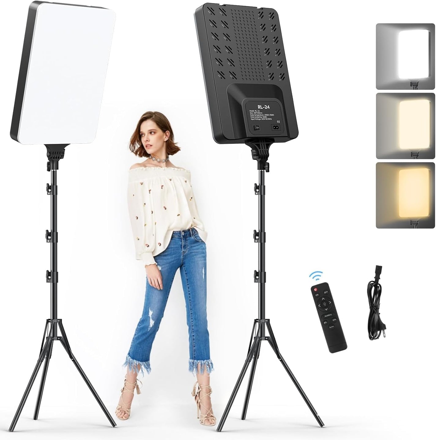 ADZOY 24'' LED Video Bi-Colors Light Kit, 2700-7500K Dimmable Photography Lighting with Remote and 84 inches Stand, CRI 96+ Studio Lights for TikTok, YouTube, Game Streaming, Video Photography